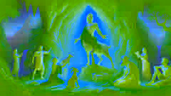 Zeus de niño dentro de una cueva resplandeciente, las ninfas cuidándolo mientras Amaltea lo alimenta bajo una luz divina.