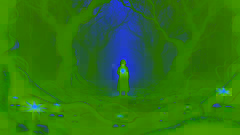 Anahita se encuentra en un oscuro bosque, sosteniendo un frasco brillante, mientras flores brotan a su alrededor.