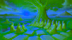 Manu und die sieben Weisen sitzen unter einem großen Baum und meditieren mit alten vedischen Manuskripten vor sich.