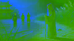 Sha Wujing steht mit seinem Stock am Ufer eines Flusses, während Xuanzang, Sun Wukong und Zhu Bajie von der anderen Seite zuschauen.