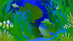 De petits poissons se cachent dans des plantes denses, tandis qu'une ombre d'un grand poisson se profile derrière eux.