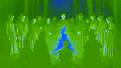 Goodman Brown witnesses a dark ritual in the forest, with familiar villagers and Faith gathered around a fire.