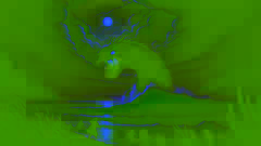 El taniwha Kahotea emerge del lago por la noche mientras los aldeanos huyen aterrados, bajo nubes oscuras y relámpagos en el cielo.