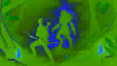 Felipe faces the Patasola in her monstrous form, standing in the dark, eerie jungle at night.