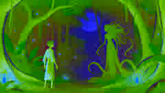El primer encuentro de Mateo con la Tunda en un claro de la jungla iluminado por la luna, enfrentándose a su figura retorcida.