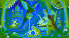 Le roi Raja, le perroquet Pari veillant sur le rubis, et le singe Momo cherchant la gemme cachée dans la cour du palais.
