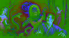 The woman transforming into the horrifying Cegua, with a grotesque face and writhing hair in the dark forest.