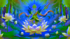 Nezha surge de una flor de loto, vistiendo una armadura de loto y empuñando su lanza, rodeado de una luz mística.
