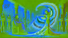 Hathor bailando ante Ra, quien observa desde un trono dorado, con antiguas columnas egipcias de fondo.