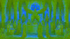 Un tribunal de dioses juzga la rivalidad entre Set y Horus, con Ma'at presidiendo sobre las balanzas de la justicia.