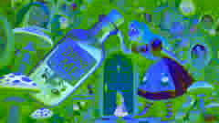 Alice drinking from a bottle labeled 'Drink Me,' shrinking with a small door leading to a beautiful garden in the background.