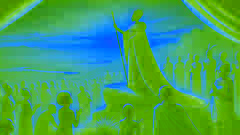 Queen Nzinga in her old age, standing on a high point, overseeing her people gathered below.