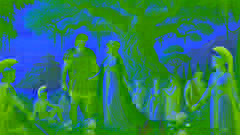 Jason e a rainha Hipsípile estão na exuberante ilha de Lemnos, cercados pelos Argonautas e mulheres em uma interação pacífica.