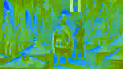 Atahualpa standing inside the Ransom Room surrounded by piles of gold as Francisco Pizarro watches.
