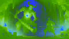 Haruto combate contra el enorme lord Oni en una cueva oscura, demostrando su fuerza y determinación.