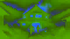 Haruka et Yuta s'enfuient de leur maison en ruines dans la nuit, tandis que le Zashiki-warashi les observe une dernière fois depuis le seuil.