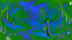 He Xiangu recogiendo hierbas sagradas en un valle exuberante con un arroyo y una vegetación vibrante bajo una suave luz solar.