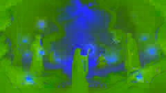 Ziba rompe el encantamiento en un oscuro bosque, brillando mientras sus compañeros la observan con asombro en medio de un entorno místico.