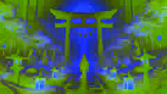 Una chica se encuentra ante una brillante puerta torii en el mundo espiritual, rodeada de una niebla etérea y flores de cerezo.