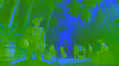 Juan Ponce de León und seine Crew gehen von ihrem Schiff an die Küste Floridas, umgeben von dichtem tropischen Dickicht.