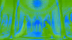 La princesse byzantine, installée dans un pavillon doré, raconte au roi Bahram Gur une histoire de légende et d'immortalité.