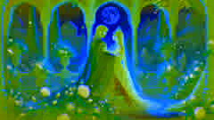Scheherazade y el Rey Shahryar abrazándose en el jardín del palacio.