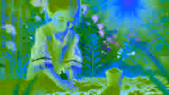 A child plants a small tree in a sunlit garden, symbolizing growth and dreams.