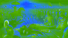 Bhishma yace sobre una cama de flechas en el campo de batalla, mientras Arjuna y Krishna se encuentran cerca, mostrando reverencia.