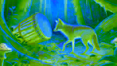 Jackal approaching a drum in a forest clearing with curiosity.