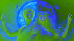 Artemis and Apollo watching over night and day from the heavens, surrounded by celestial light.