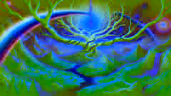 Las ramas de Yggdrasil sosteniendo Midgard y Asgard, conectadas por el puente arcoíris Bifrost, en un paisaje exuberante.