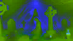Eleanor se arrodilla junto a una tumba en un cementerio cubierto de niebla, mientras la espectral Banshee aparece tras ella, envolviéndola en una tristeza profunda.