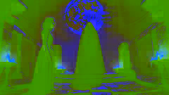 Marie confronting Morcant at a moonlit stone altar in the forest
