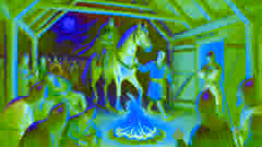 Halvor sort le cheval royal de l'écurie pendant que des gardes dorment près d'un feu de camp au premier plan.