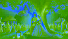 Una escena de boda medieval bajo un roble, con Marija vestida en un elegante vestido dorado, al lado de Luka, quien ahora se revela como un príncipe, rodeados por los aldeanos.