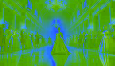 Isabella Moreno in a crimson and gold gown stands in the Governor’s ballroom, unaware of the masked stranger lurking nearby.