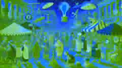 Colorful scene of Abdera's invention festival with absurd devices like a transparent umbrella
