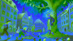 Struwwelpeter aux cheveux en bataille se lie d’amitié avec un moineau sur une place de Francfort.