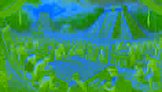Os habitantes trabalham em um grande altar na Grande Praça de Tikal, sob um céu dourado.
