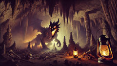 Dark limestone cave interior with glowing eyes and dragon-like silhouette