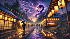 Raiju encontra um santuário ritual moderno, ligado à memória da vila, com oferendas de relâmpago.