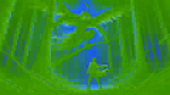 Ilya Muromets confronts Nightingale the Robber in a shadowy Russian forest