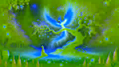 The Firebird glows on a blossoming apple tree as Prince Ivan chooses to release it