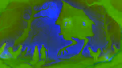 Baba Yaga’s hut on chicken legs stands in a magical clearing as Ivan and Pyotr approach cautiously under moonlight.