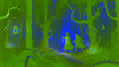 Prince Ivan and Pyotr move cautiously through an enchanted Russian forest at dusk, haunted by shadowy figures.