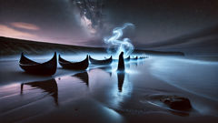 A row of black coracles on a moonlit beach with a cloaked ferryman shaping mist into masks