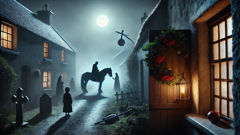 Dullahan encounter scene with rusty nail and rowan ward at a cottage door