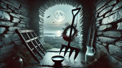 Shadowed silhouettes of Sluagh above a coastal cottage during a storm night