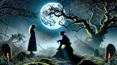 A brave young woman facing a red-capped fairy at a moonlit hawthorn tree in Ireland.