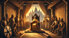 La princesa Olga se erige majestuosa con un manto dorado entre sus consejeros, iluminada por la luz del fuego en la Kiev medieval.